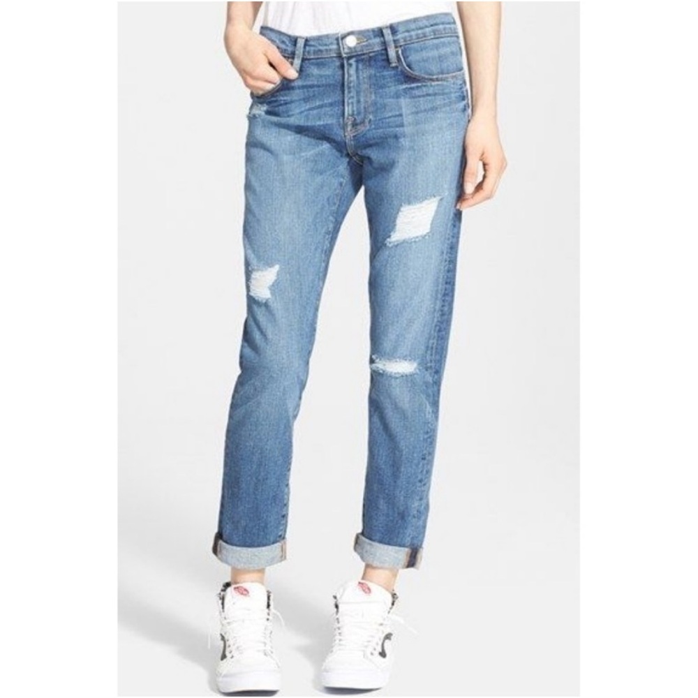 Frame Le Garçon Distressed Mid Rise Dunnmore Mid Rise Boyfriend Denim Jeans 28